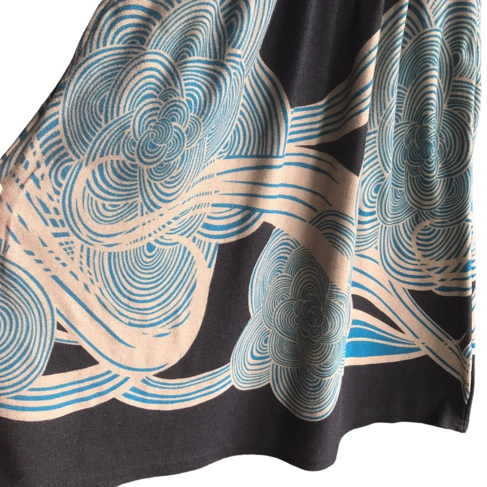 REBORN Boho Swirls Dress Pockets Size L Black Blue Art Deco 3/4 Sleeves Comfy